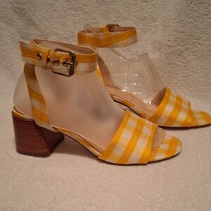 J. Crew Yellow Gingham Block Heel Sandals with Ankle Strap